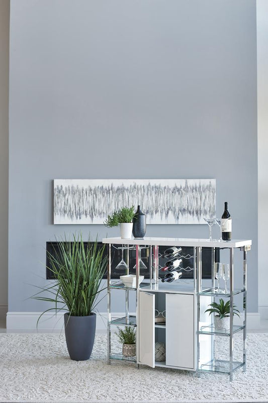 Gallimore High Glossy White/Chrome 2-Door Bar Cabinet with Glass Shelf - 182757 - Luna Furniture - Dallas Store