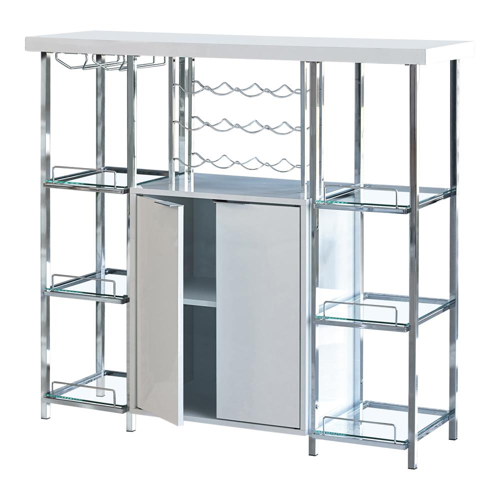 Gallimore High Glossy White/Chrome 2-Door Bar Cabinet with Glass Shelf - 182757 - Luna Furniture - Dallas Store
