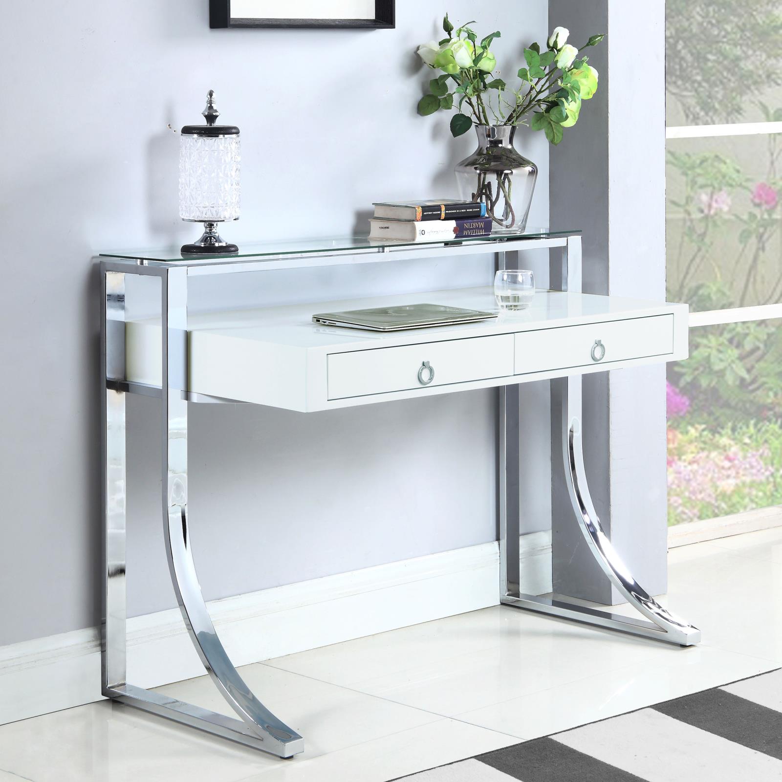 Gemma Glossy White/Chrome 2-Drawer Writing Desk - 802141 - Luna Furniture - Dallas Store