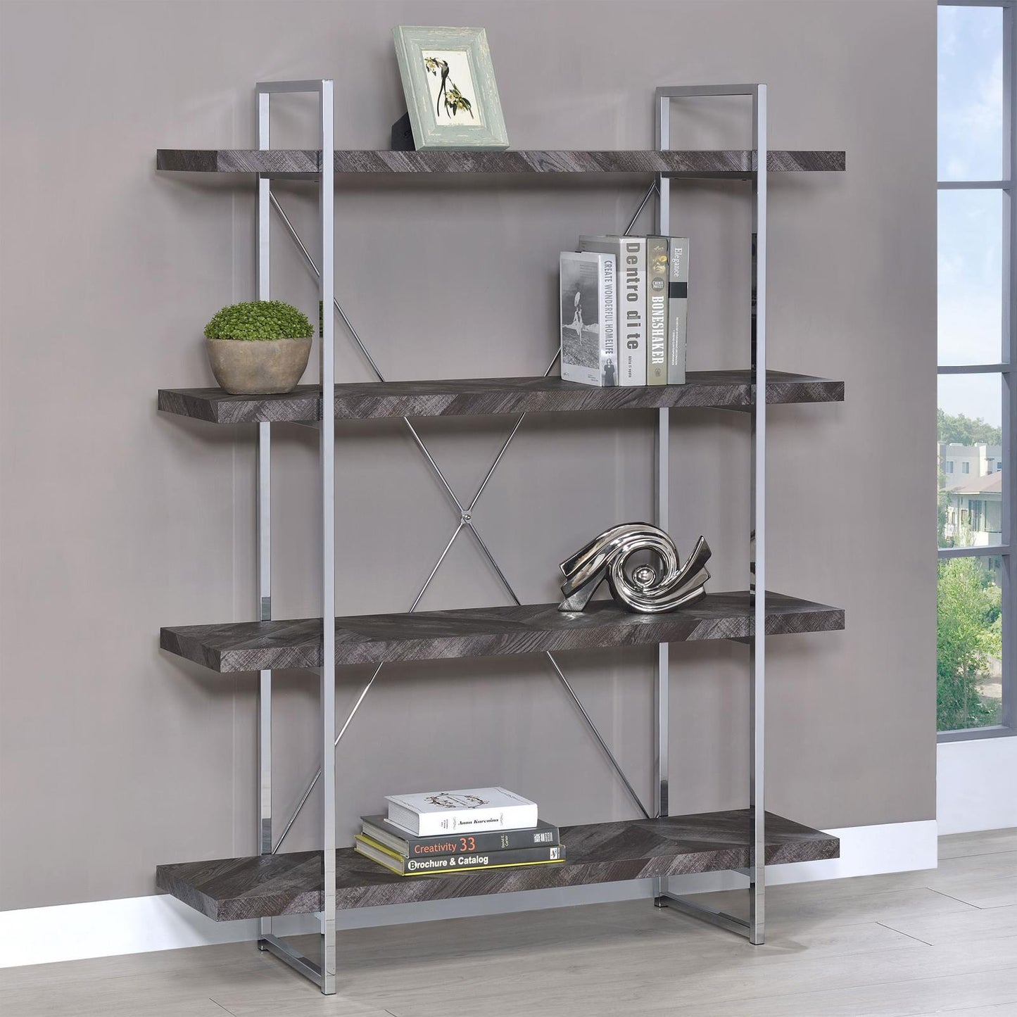 Grimma Rustic Gray Herringbone 4-Shelf Bookcase - 802613 - Luna Furniture - Dallas Store