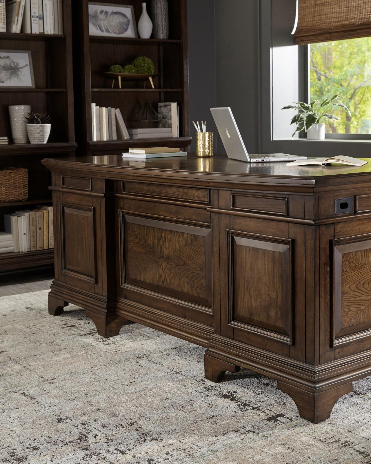 Hartshill Burnished Oak Executive Desk with File Cabinets - 881281 - Luna Furniture - Dallas Store