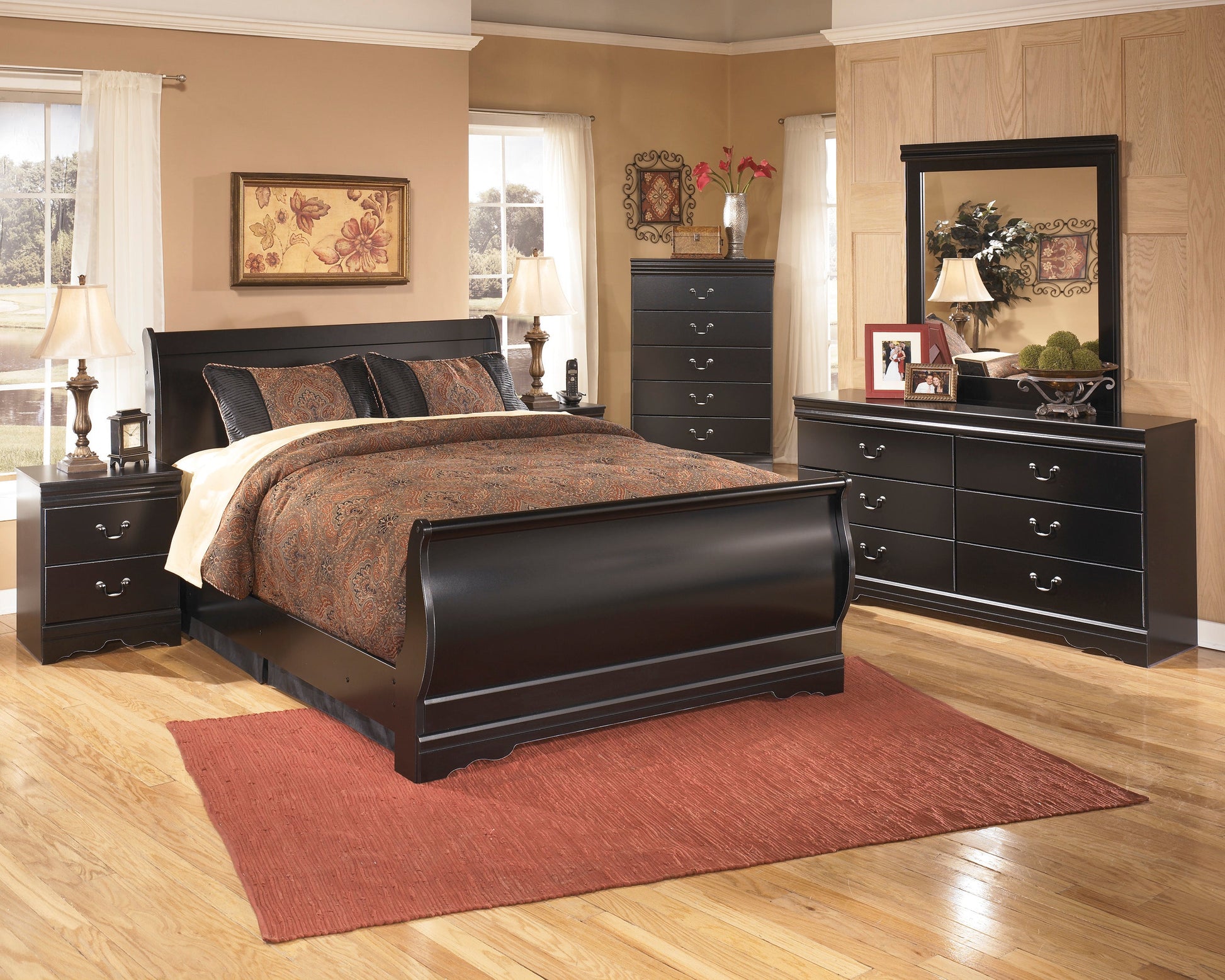 Huey Vineyard Black Sleigh Bedroom Set - SET | B128-74 | B128-77 | B128-98 | B128-31 | B128-36 | B128-92 | B128-46 - Luna Furniture - Dallas Store