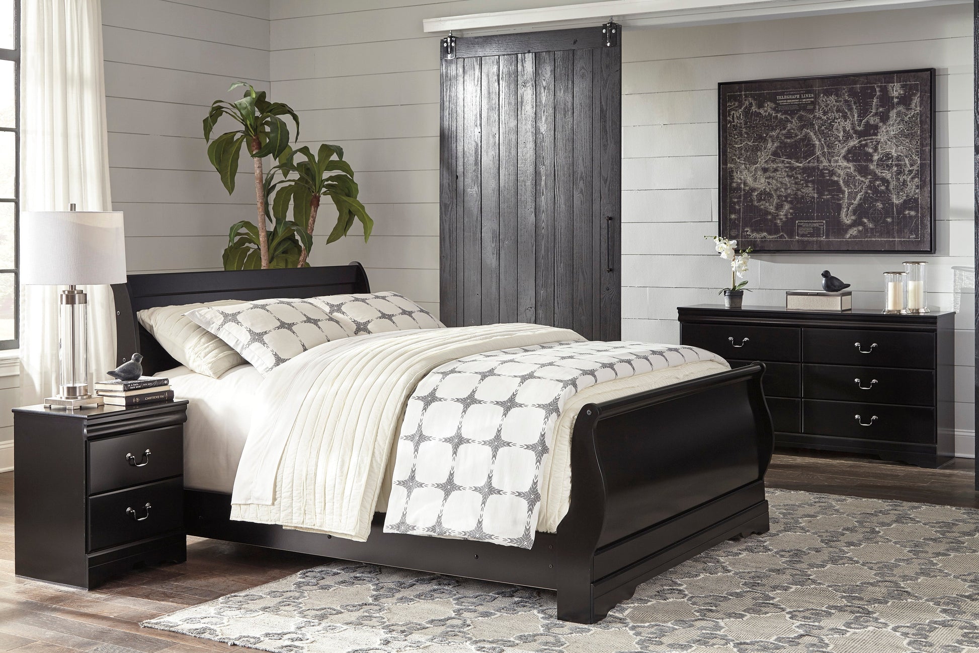 Huey Vineyard Black Sleigh Bedroom Set - SET | B128-74 | B128-77 | B128-98 | B128-31 | B128-36 | B128-92 | B128-46 - Luna Furniture - Dallas Store