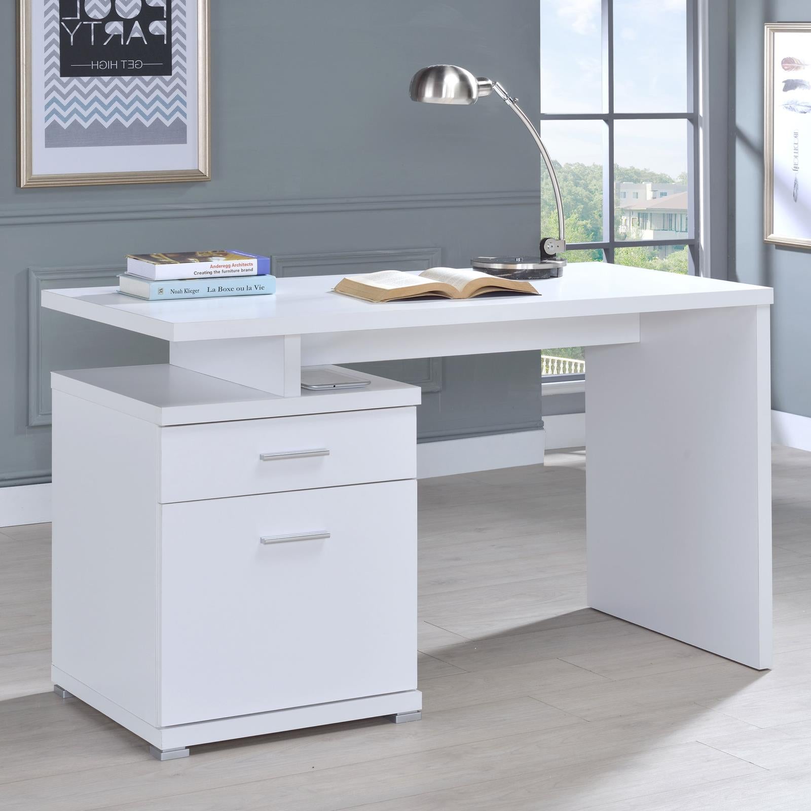 Irving White 2-Drawer Office Desk with Cabinet - 800110 - Luna Furniture - Dallas Store