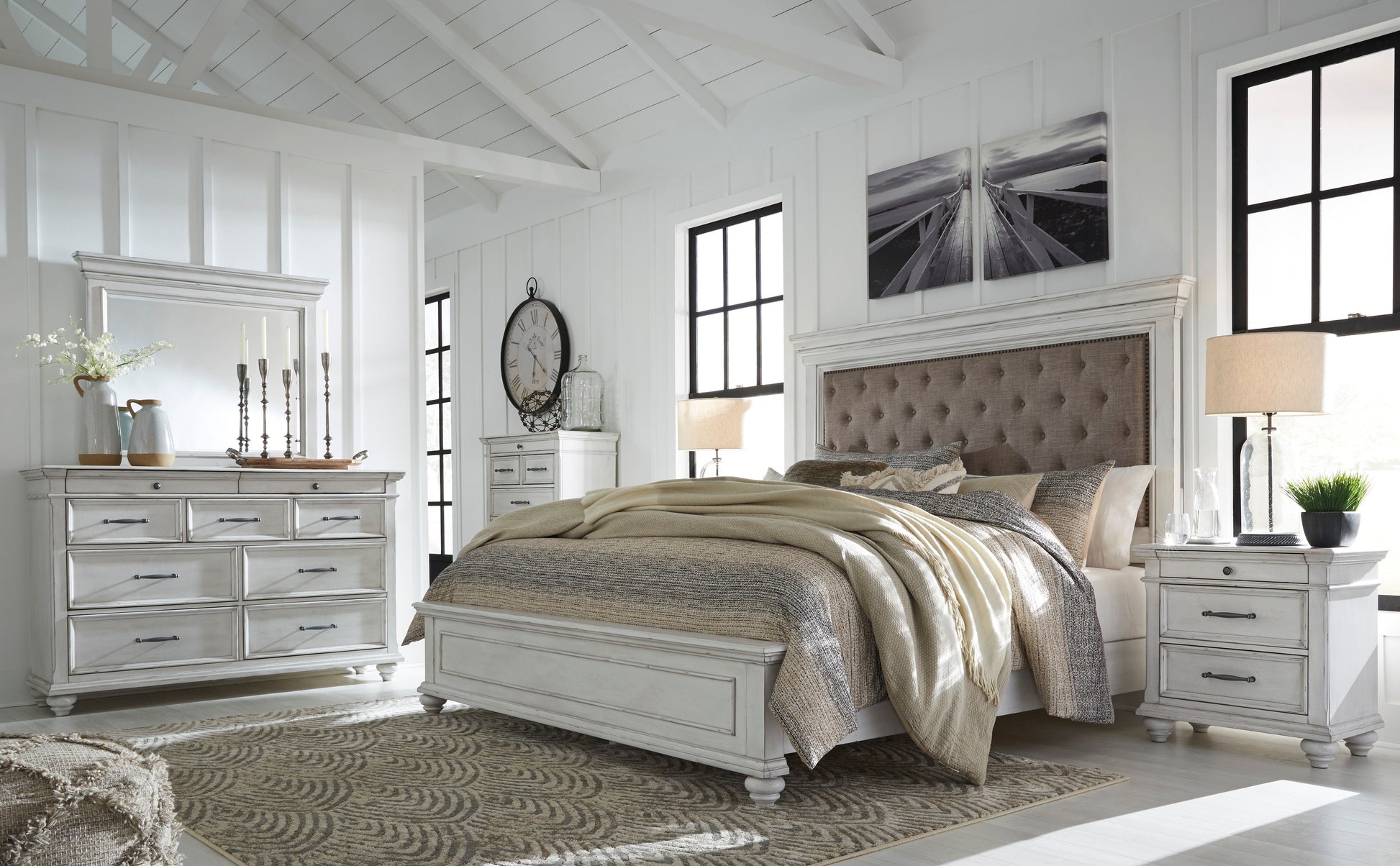 Kanwyn Whitewash Upholstered Panel Bedroom Set - SET | B777-54 | B777-157 | B777-96 | B777-46 | B777-93 - Luna Furniture - Dallas Store
