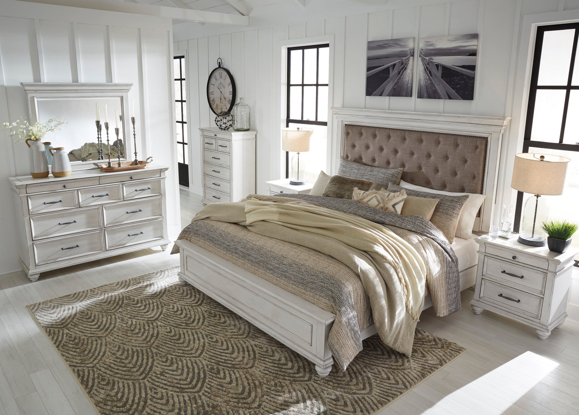 Kanwyn Whitewash Upholstered Panel Bedroom Set - SET | B777-54 | B777-157 | B777-96 | B777-46 | B777-93 - Luna Furniture - Dallas Store