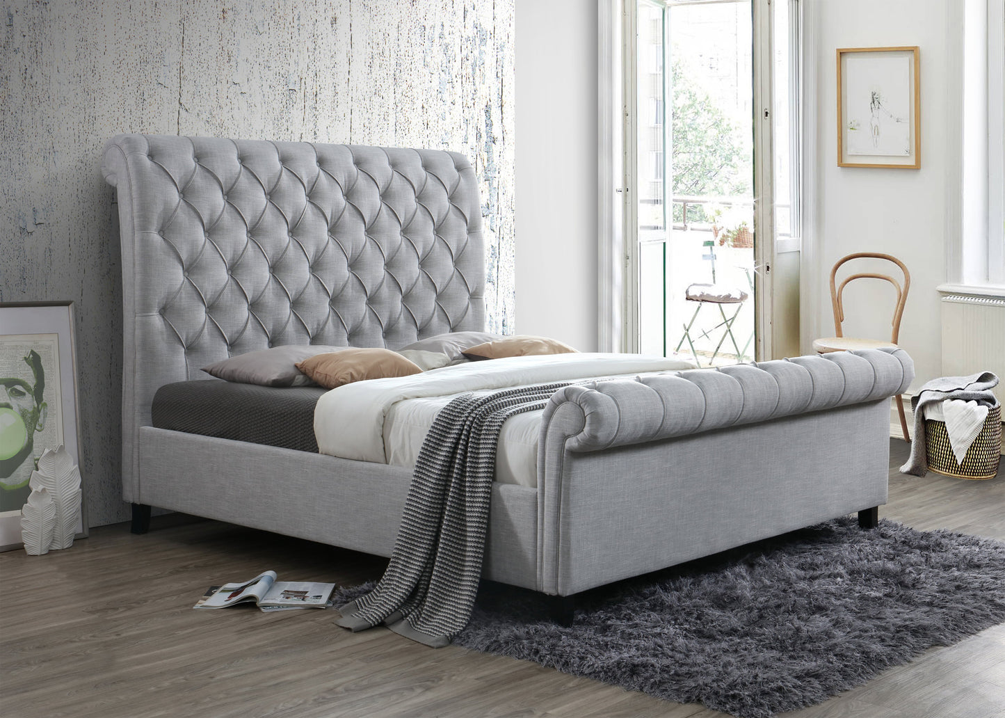 Kate Gray Queen Upholstered Sleigh Platform Bed - SET | 5103-Q-HB | 5103-Q-FB | 5103-KQ-RAIL - Luna Furniture - Dallas Store