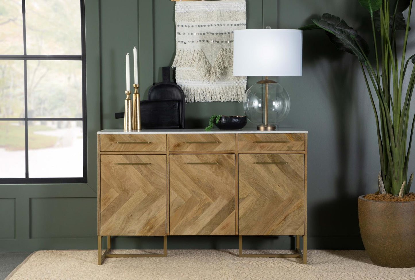 Keaton Natural/Antique Gold 3-Door Accent Cabinet with Marble Top - 951138 - Luna Furniture - Dallas Store