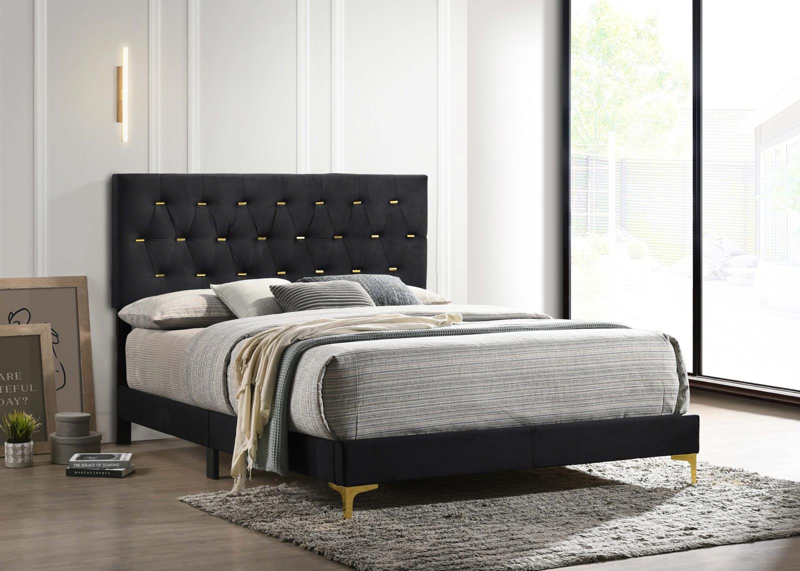 Kendall Tufted Panel Queen Bed Black/Gold - 224451Q - Luna Furniture - Dallas Store