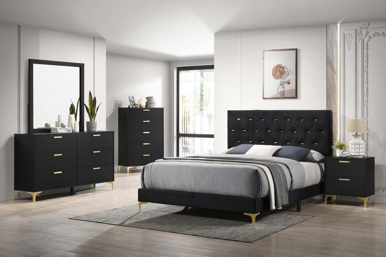 Kendall Tufted Panel Queen Bed Black/Gold - 224451Q - Luna Furniture - Dallas Store