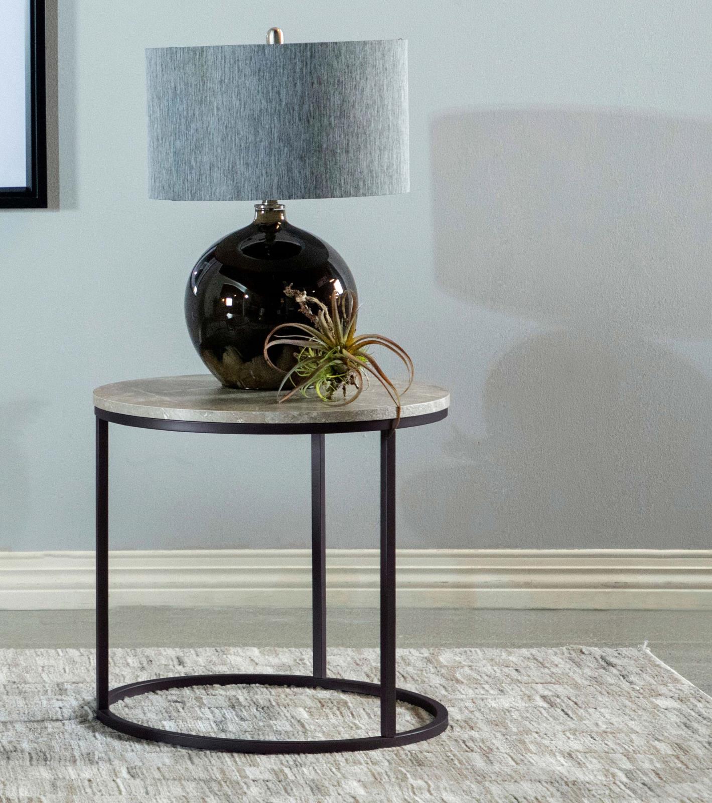 Lainey Faux Marble Round Top End Table Gray/Gunmetal - 736027 - Luna Furniture - Dallas Store