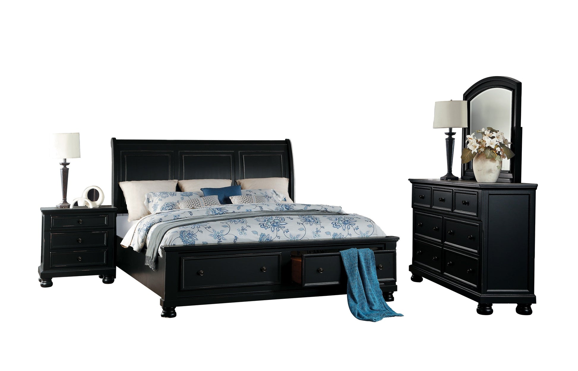 Laurelin Black Sleigh Storage Platform Bedroom Set - SET | 1714BK-3 | 1714BK-5 | 1714BK-6 | 1714BK-4 | 1714BK-9 | 1714KBK-1 | 1714KBK-2 - Luna Furniture - Dallas Store