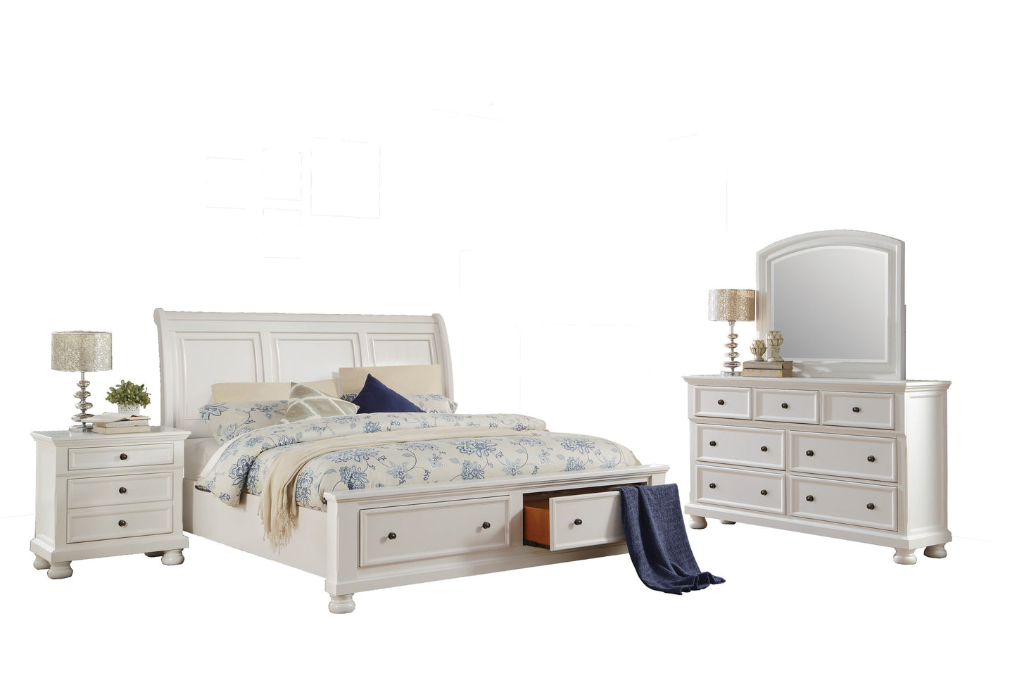 Laurelin White Sleigh Storage Platform Bedroom Set - SET | 1714KW-1 | 1714KW-2 | 1714W-3 | 1714W-5 | 1714W-6 | 1714W-4 | 1714W-9 - Luna Furniture - Dallas Store