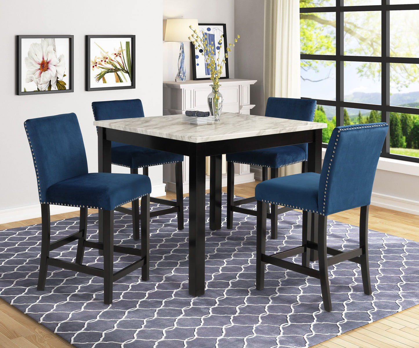 Lennon Blue/White Velvet 5-Piece Counter Height Set - 1715SET-RB - Luna Furniture - Dallas Store