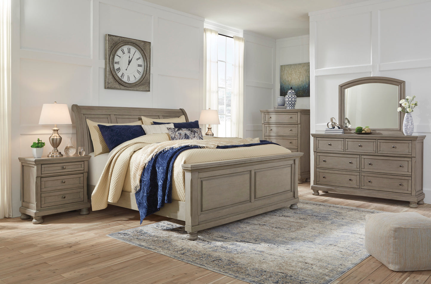 Lettner Light Gray Sleigh Platform Bedroom Set - SET | B733-56 | B733-78 | B733-99 | B733-31 | B733-36 | B733-92 | B733-46 - Luna Furniture - Dallas Store