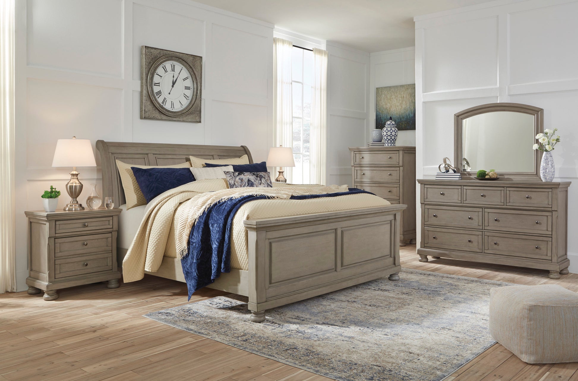 Lettner Light Gray Sleigh Platform Bedroom Set - SET | B733-56 | B733-78 | B733-99 | B733-31 | B733-36 | B733-92 | B733-46 - Luna Furniture - Dallas Store