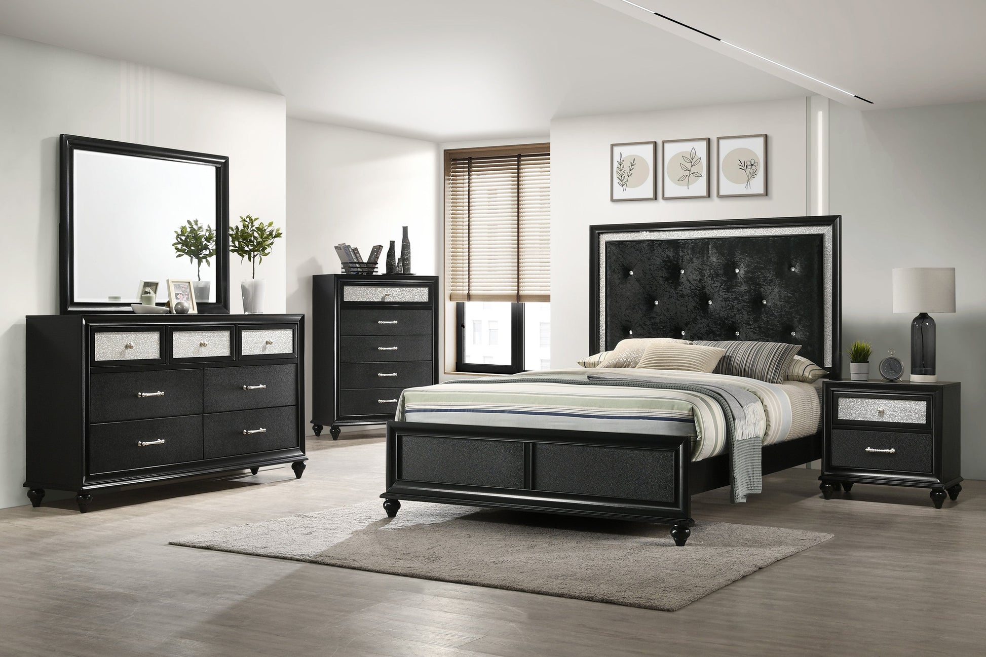 Lila Black Full Upholstered Panel Bed - SET | B4398-F-HBFB | B4398-FT-RAIL | - Luna Furniture - Dallas Store