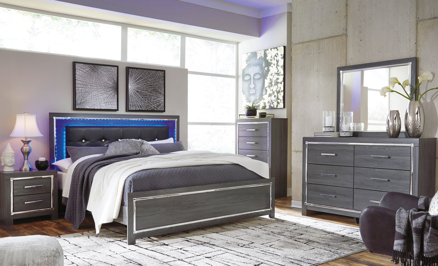 Lodanna Gray LED Platform Bedroom Set - SET | B214-56 | B214-58 | B214-95 | B214-31 | B214-92 | B100-14 - Luna Furniture - Dallas Store