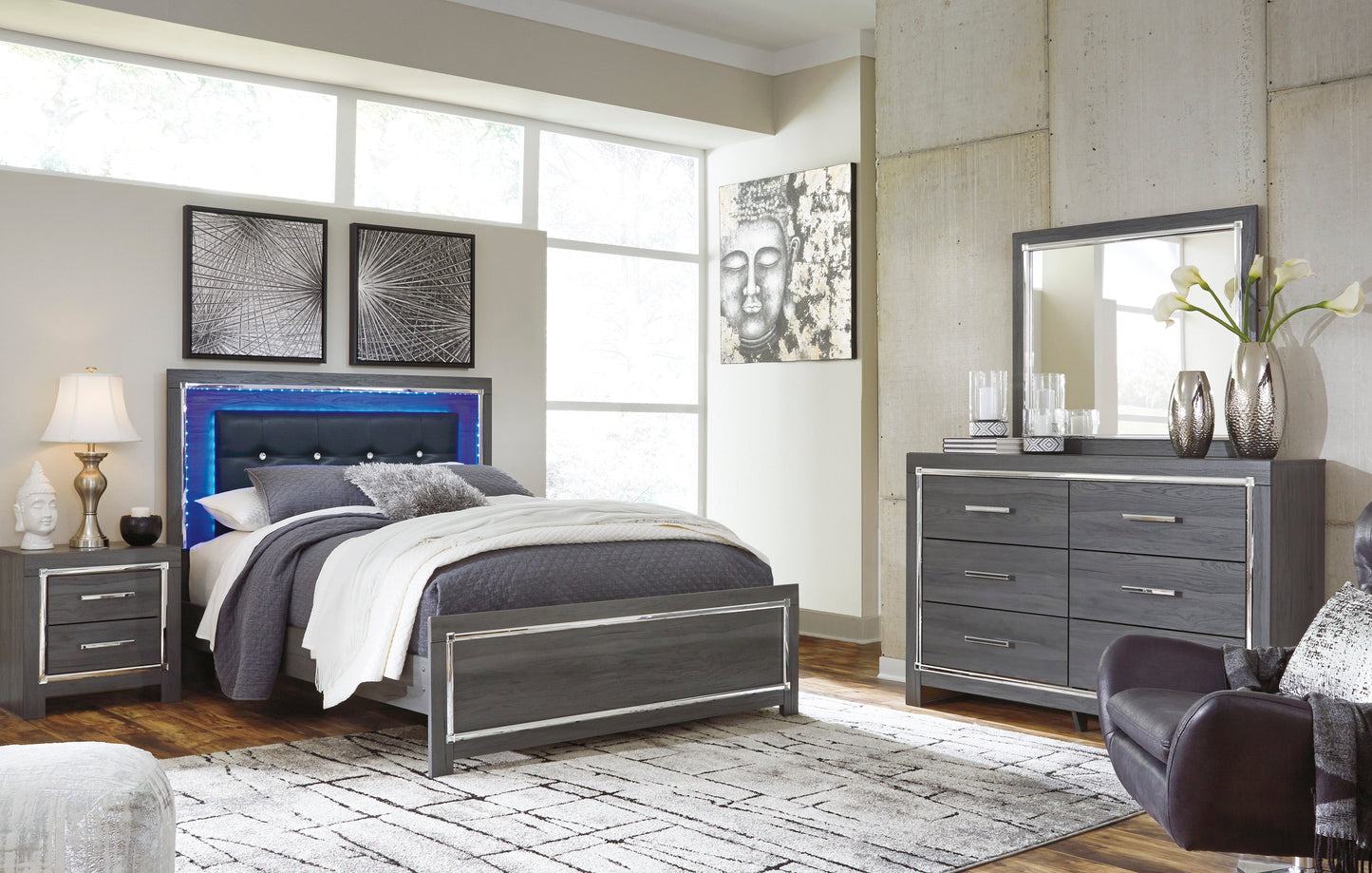 Lodanna Gray Queen LED Platform Bed - SET | B214-54 | B214-57 | B214-95 | B100-13 - Luna Furniture - Dallas Store