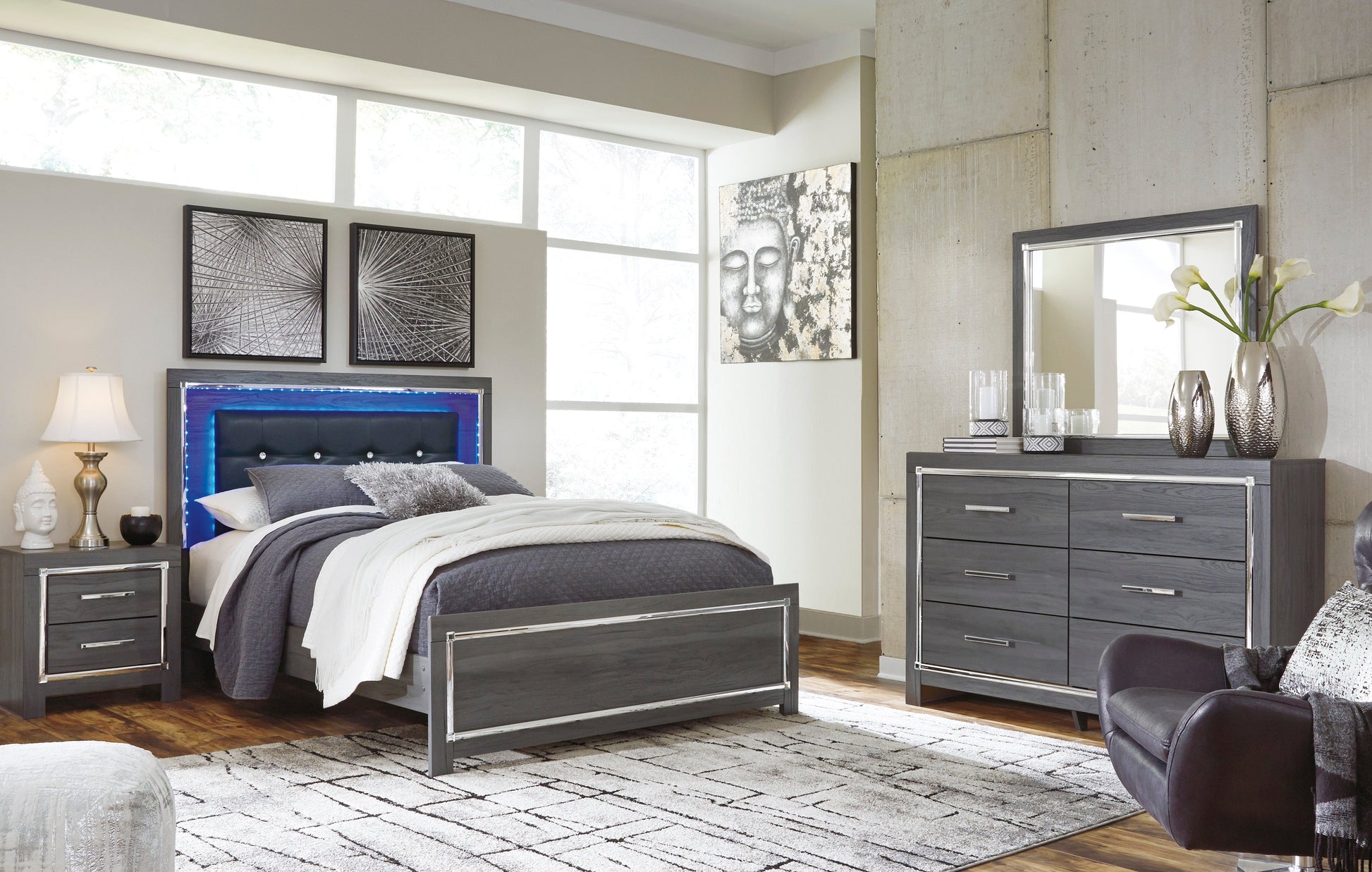 Lodanna Gray Queen LED Platform Bed - SET | B214-54 | B214-57 | B214-95 | B100-13 - Luna Furniture - Dallas Store