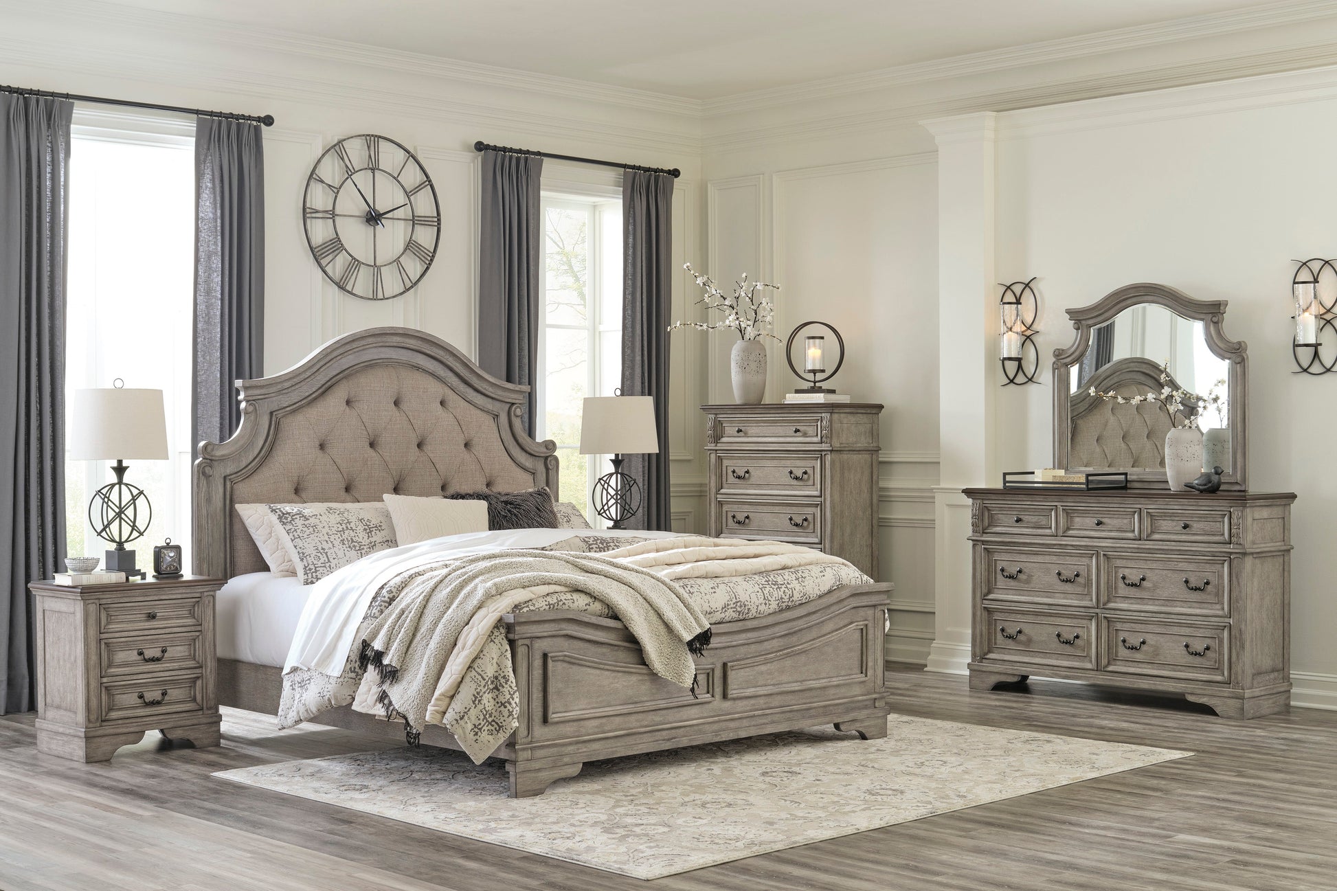 Lodenbay Antique Gray Upholstered Panel Bedroom Set - SET | B751-56 | B751-58 | B751-97 | B751-31 | B751-36 - Luna Furniture - Dallas Store