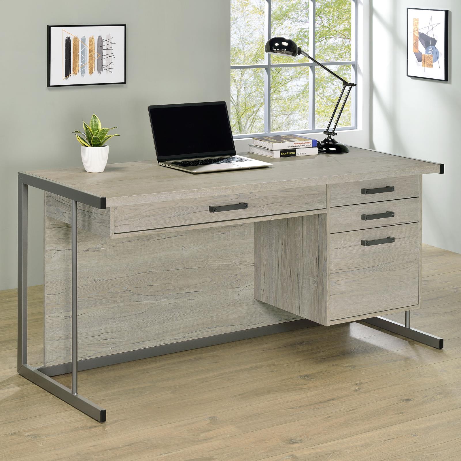 Loomis Whitewashed Gray/Gunmetal 4-Drawer Rectangular Office Desk - 805881 - Luna Furniture - Dallas Store