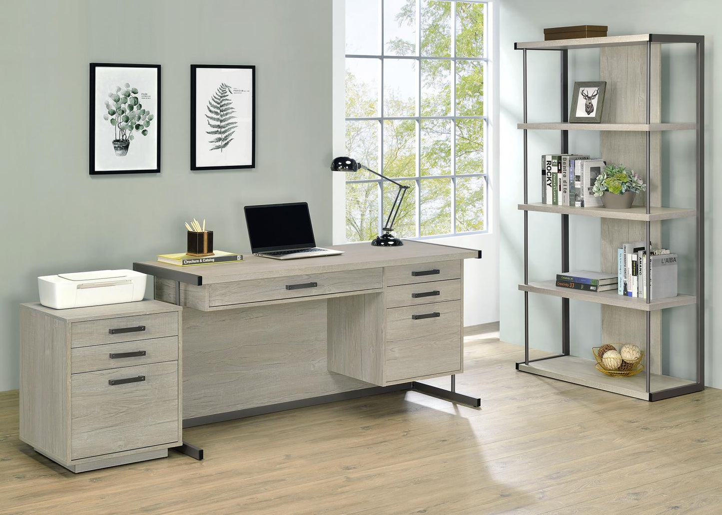 Loomis Whitewashed Gray/Gunmetal 4-Drawer Rectangular Office Desk - 805881 - Luna Furniture - Dallas Store