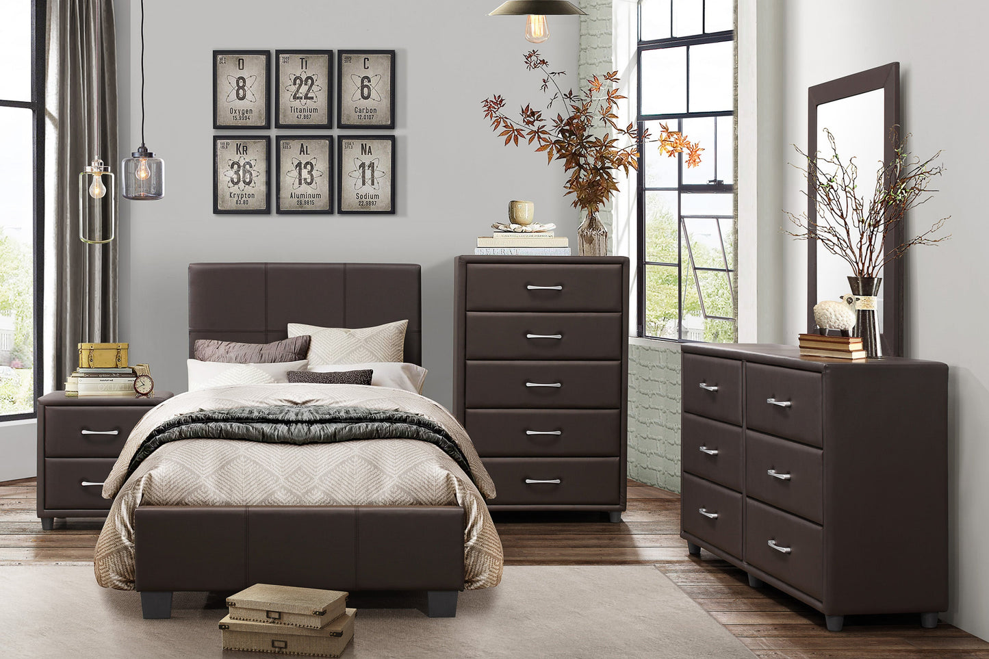 Lorenzi Dark Brown Upholstered Platform Youth Bedroom Set - SET | 2220DBR-5 | 2220DBR-6 | 2220DBR-4 | 2220DBR-9 | 2220FDBR-1 | 2220FDBR-3 - Luna Furniture - Dallas Store