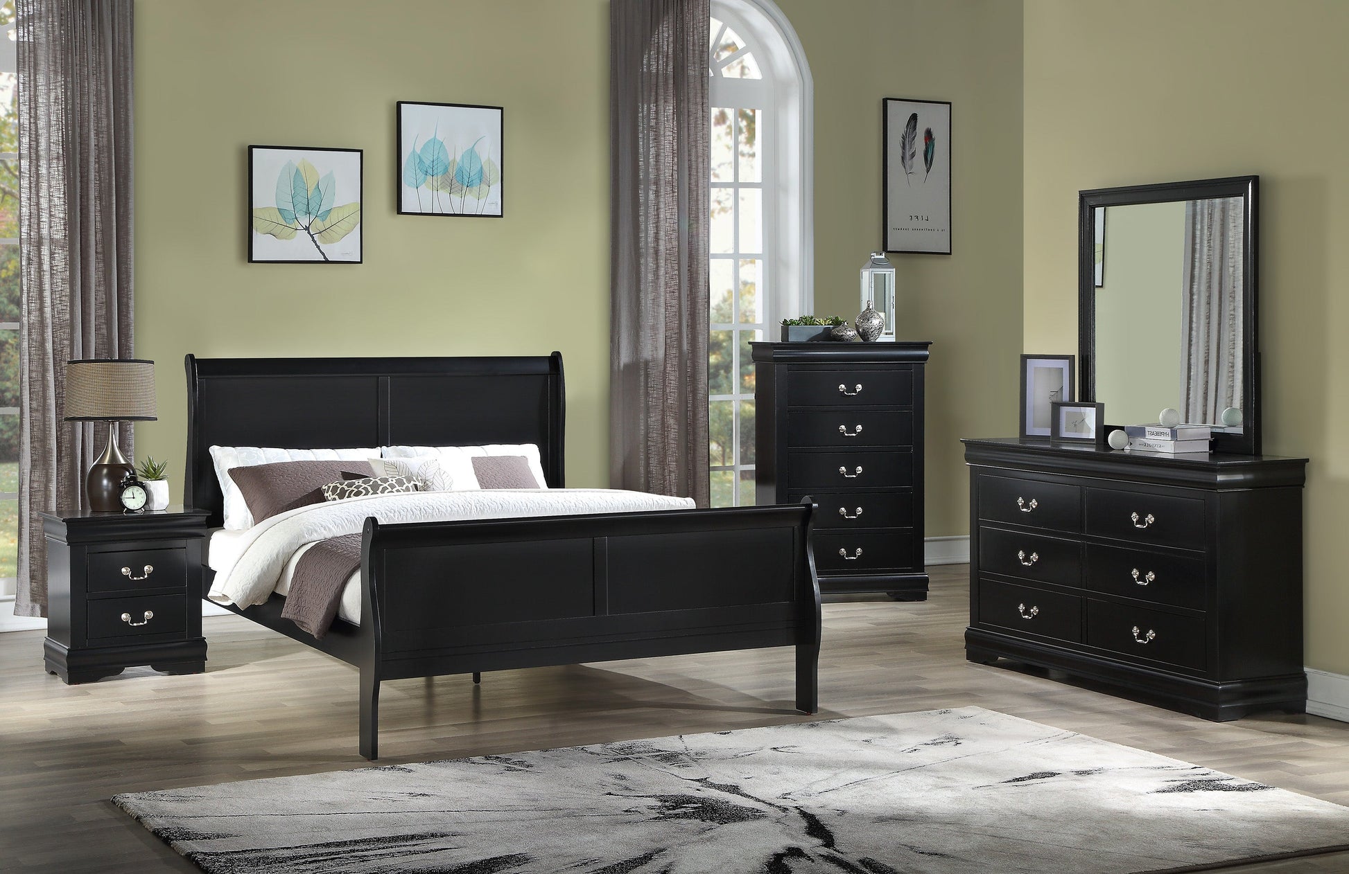 Louis Philip Black Queen Sleigh Bed - SET | B3950-Q-HBFB | B3950-Q-RAIL - Luna Furniture - Dallas Store