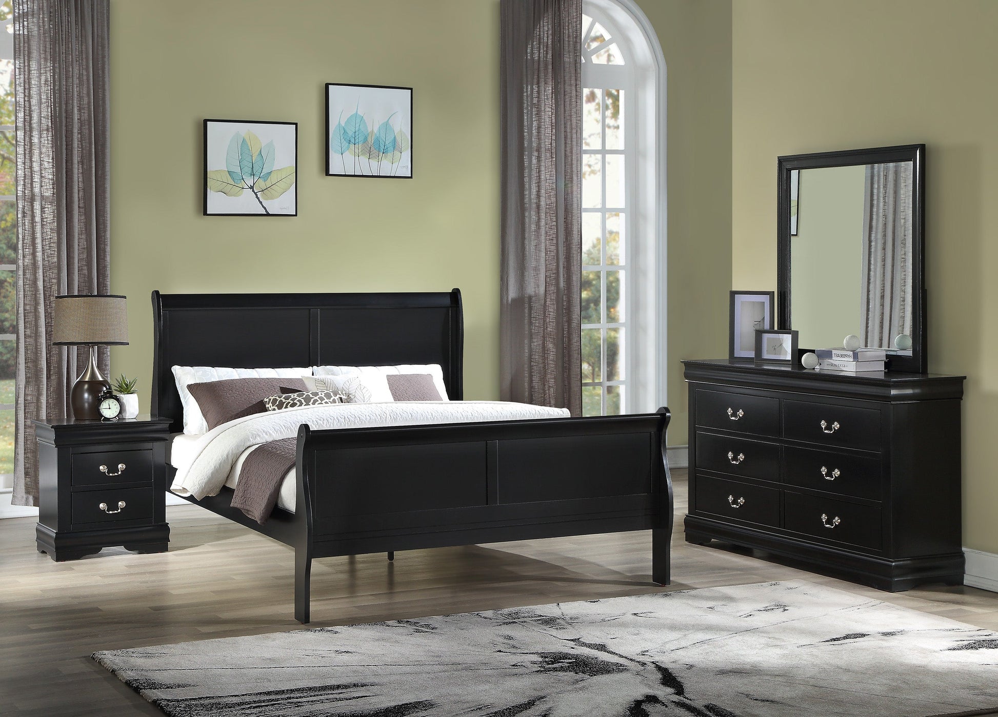 Louis Philip Black Sleigh Bedroom Set - SET | B3950-K-HBFB | B3950-K-RAIL | B3950-2 | B3950-4 - Luna Furniture - Dallas Store