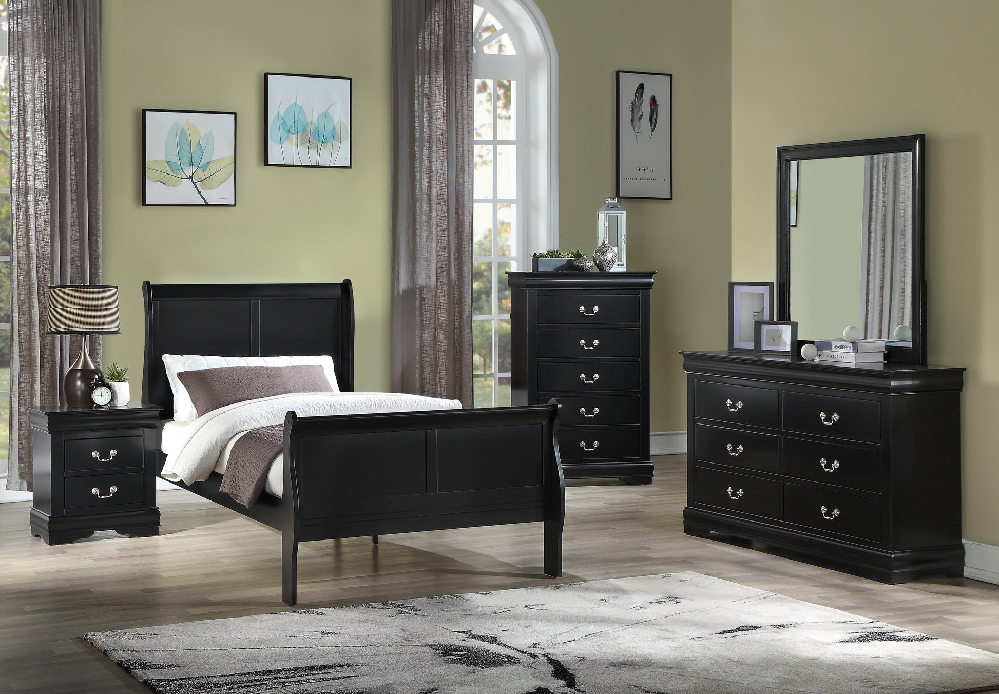 Louis Philip Black Sleigh Youth Bedroom Set - SET | B3950-F-HBFB | B3950-F-RAIL | B3950-1 | B3950-11 - Luna Furniture - Dallas Store