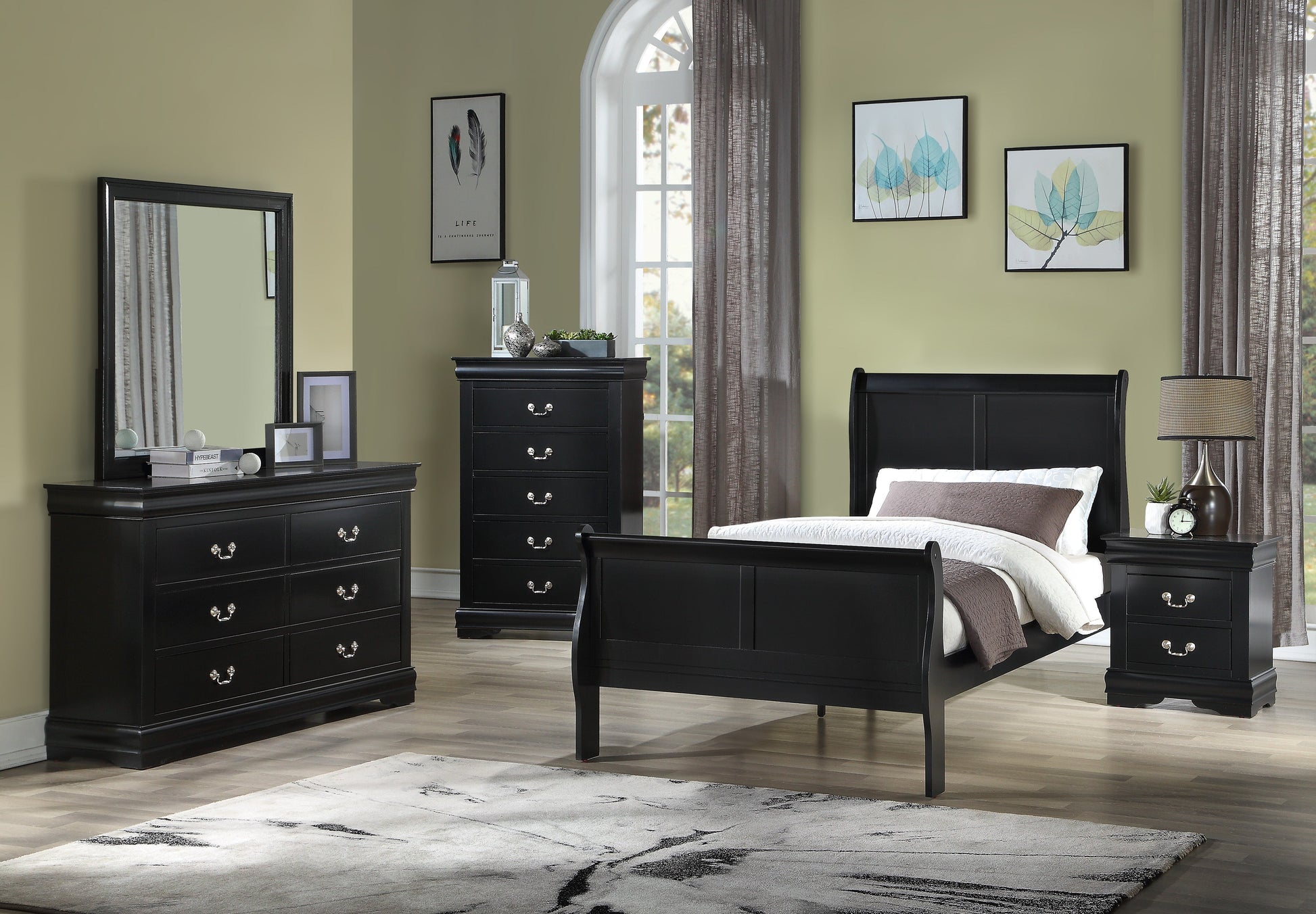 Louis Philip Black Twin Sleigh Bed - SET | B3950-T-HBFB | B3950-T-RAIL - Luna Furniture - Dallas Store