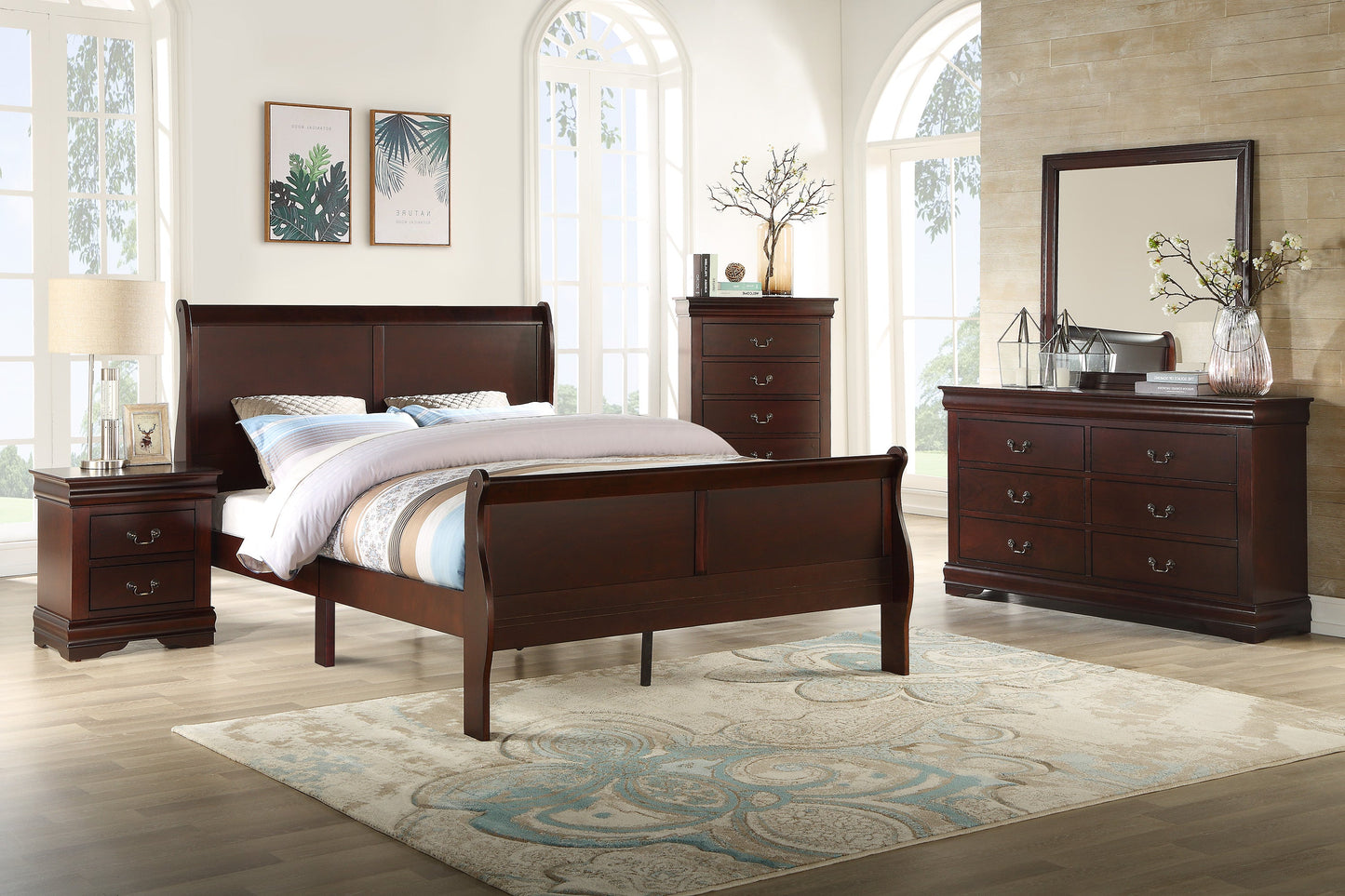Louis Philip Cherry Twin Sleigh Bed - SET | B3850-T-HBFB | B3850-T-RAIL - Luna Furniture - Dallas Store