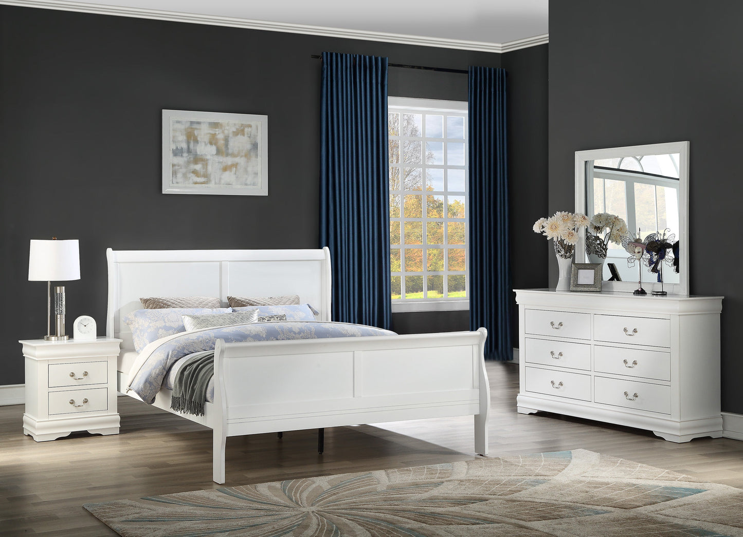 Louis Philip White Sleigh Bedroom Set - SET | B3650-Q-HBFB | B3650-Q-RAIL | B3650-1 | B3650-11 - Luna Furniture - Dallas Store