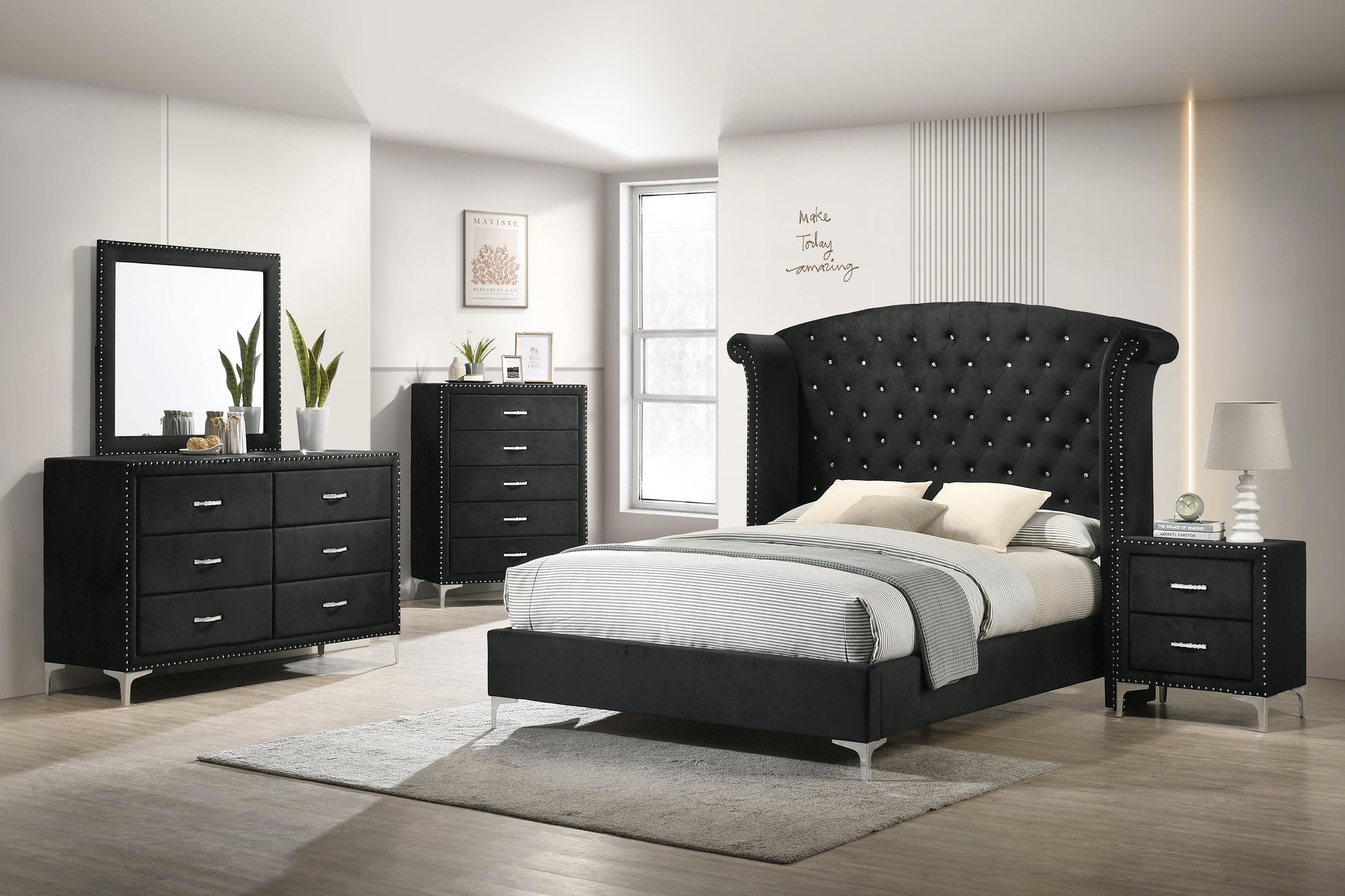 Lucinda Black Queen Upholstered Wingback Panel Bed - SET | B9265-Q-HB | B9265-Q-FBRL | B9265-KQ-WG | - Luna Furniture - Dallas Store