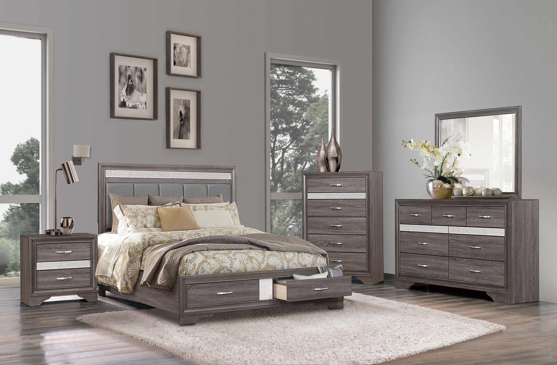 Luster Gray Upholstered Storage Platform Bedroom Set - SET | 1505K-1 | 1505K-3EK | 1505-DW | 1505-5 | 1505-6 | 1505-4 | 1505-9 - Luna Furniture - Dallas Store