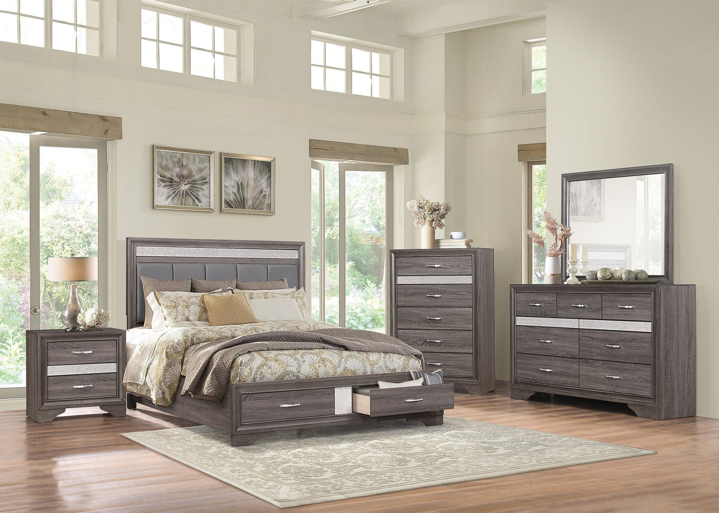 Luster Gray Upholstered Storage Platform Bedroom Set - SET | 1505K-1 | 1505K-3EK | 1505-DW | 1505-5 | 1505-6 | 1505-4 | 1505-9 - Luna Furniture - Dallas Store