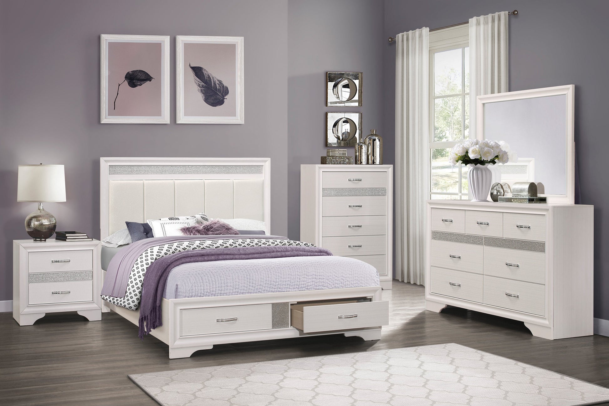 Luster White Queen Upholstered Storage Platform Bed - SET | 1505W-1 | 1505W-3 | 1505W-DW - Luna Furniture - Dallas Store