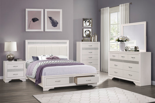 Luster White Upholstered Storage Platform Bedroom Set - SET | 1505WK-1 | 1505WK-3EK | 1505W-DW | 1505W-5 | 1505W-6 | 1505W-4 | 1505W-9 - Luna Furniture - Dallas Store