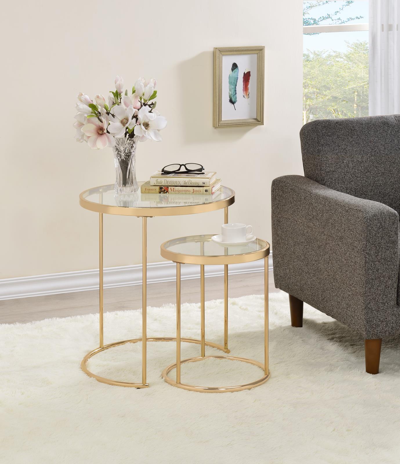 Maylin 2-Piece Round Glass Top Nesting Tables Gold - 935936 - Luna Furniture - Dallas Store