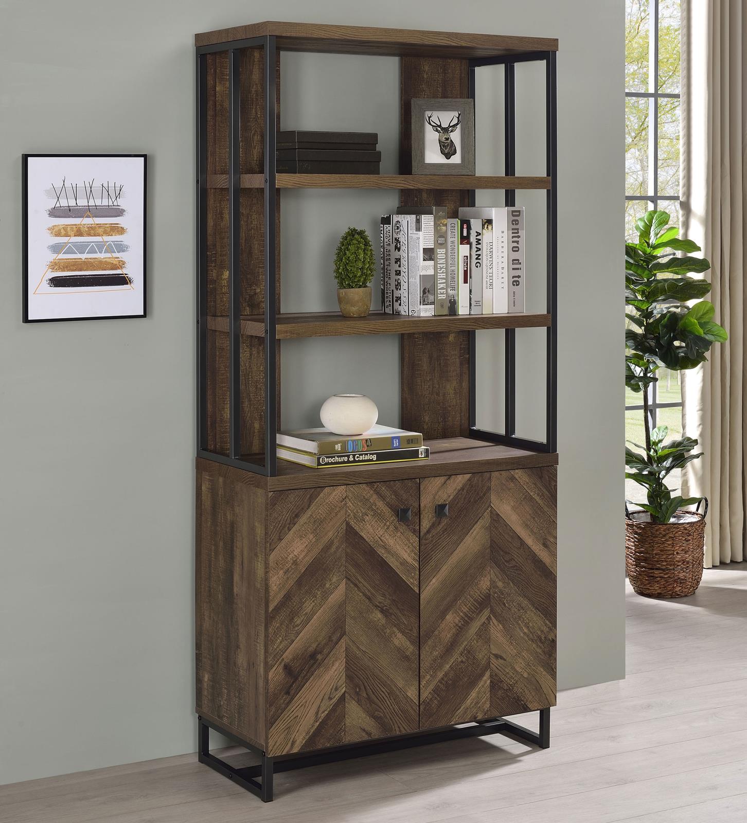 Millbrook Rustic Oak Herringbone/Gunmetal 2-Door Bookcase - 882093 - Luna Furniture - Dallas Store