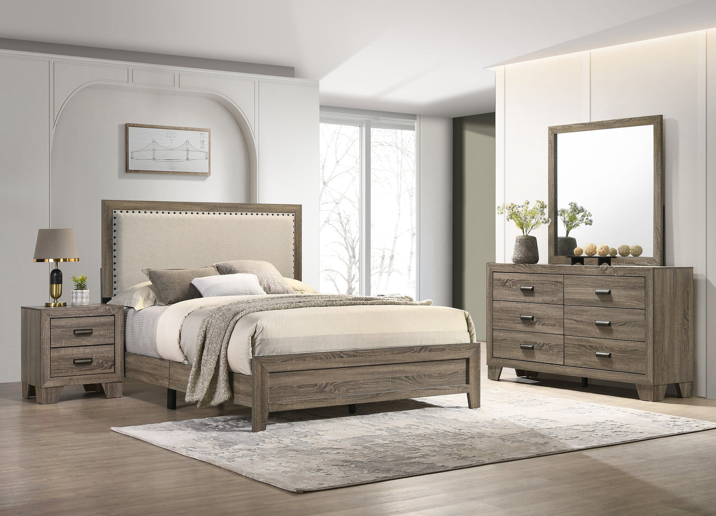 Mille Brownish Gray Upholstered Bedroom Set - SET | B9205-Q-BED | B9200-2 | B9200-4 - Luna Furniture - Dallas Store