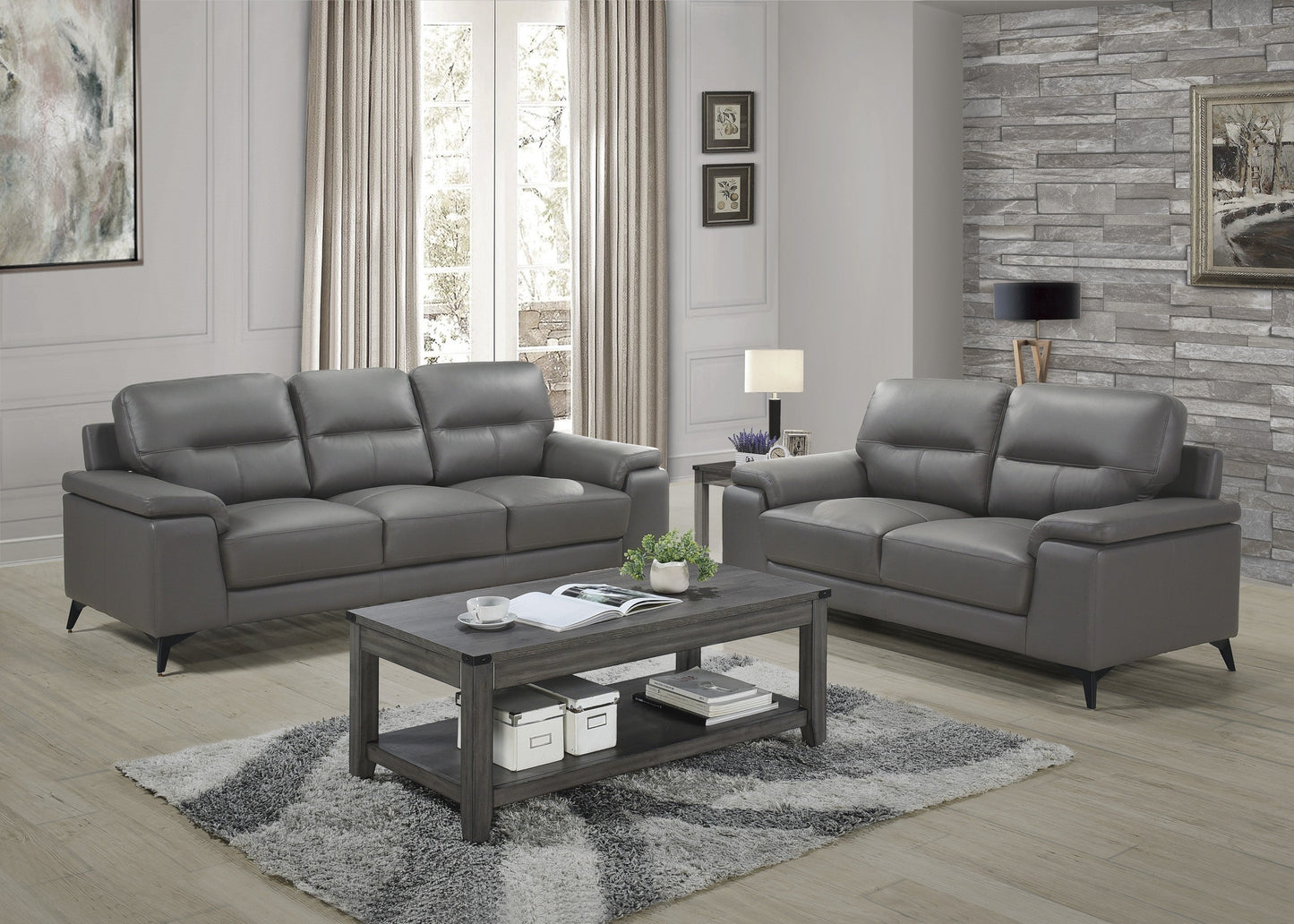 Mischa Dark Gray Top-Grain Leather Living Room Set - SET | 9514DGY-3 | 9514DGY-2 - Luna Furniture - Dallas Store