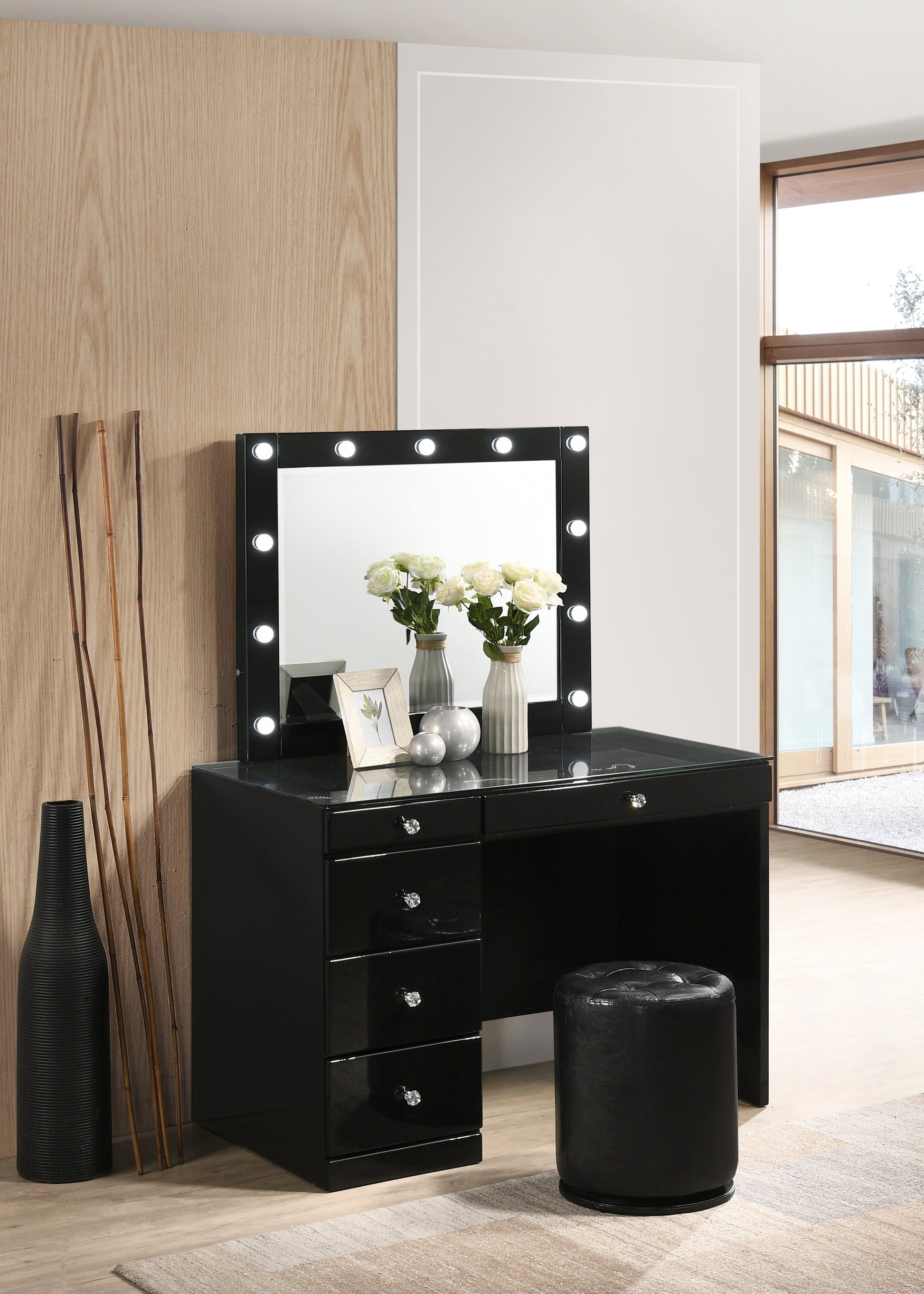 Morgan Black Makeup Vanity Set with Lighted Mirror - SET | B4851BK-91-BASE | B4851BK-91-TOP | B4850BK-91-11 | B4851BK-93 - Luna Furniture - Dallas Store