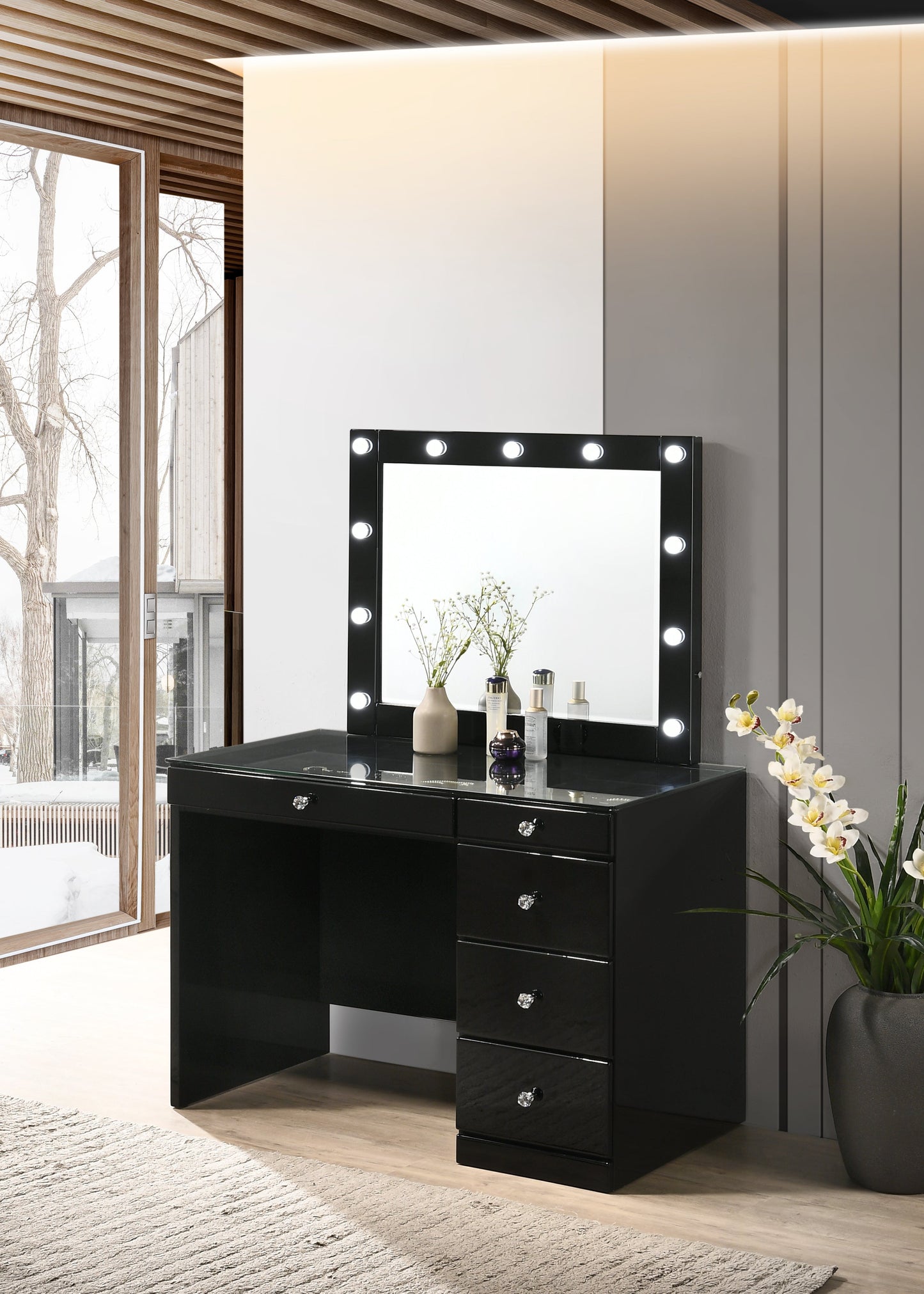 Morgan Black Makeup Vanity Set with Lighted Mirror - SET | B4851BK-91-BASE | B4851BK-91-TOP | B4850BK-91-11 | B4851BK-93 - Luna Furniture - Dallas Store
