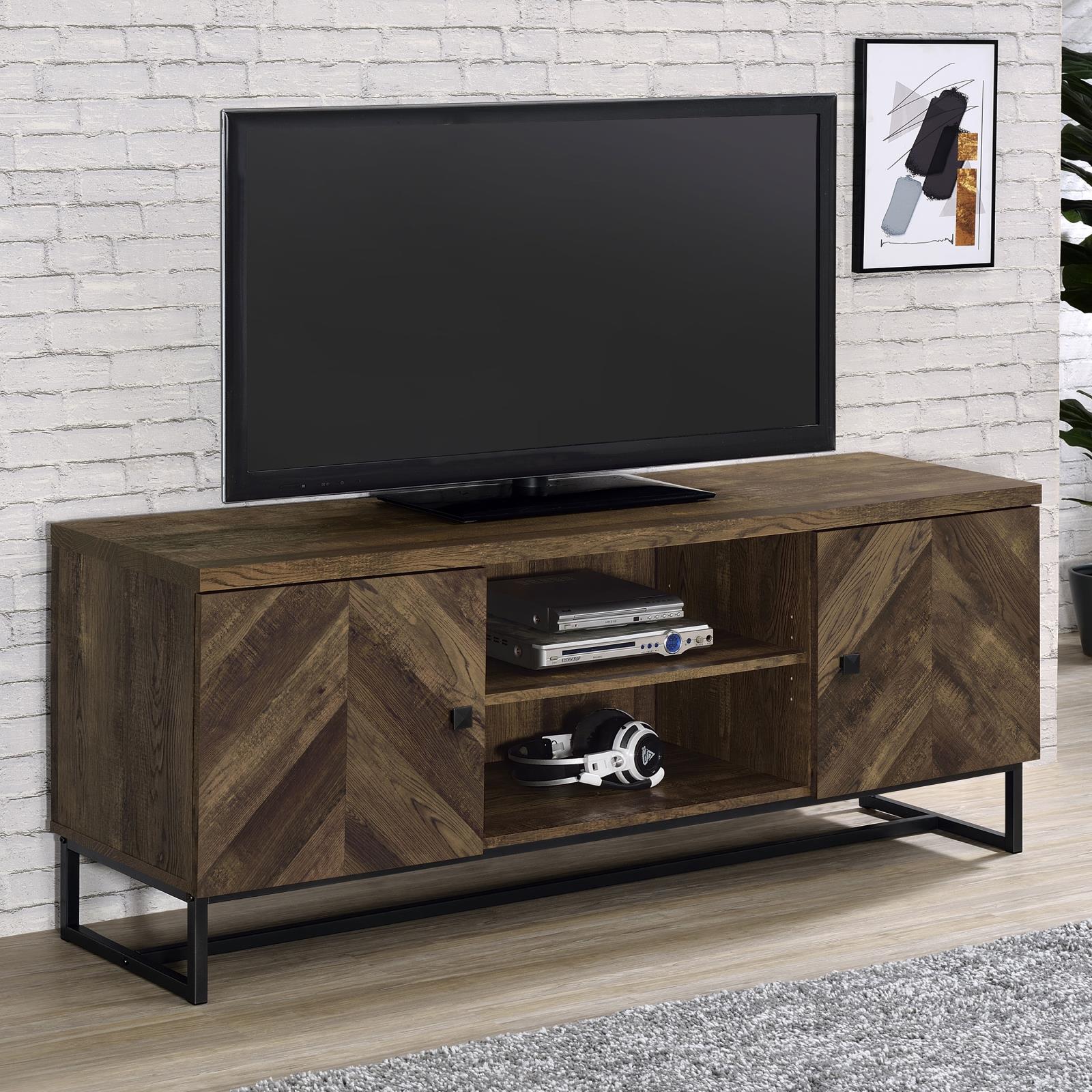 Myles 2-Door TV Console with Adjustable Shelves Rustic Oak Herringbone - 736052 - Luna Furniture - Dallas Store