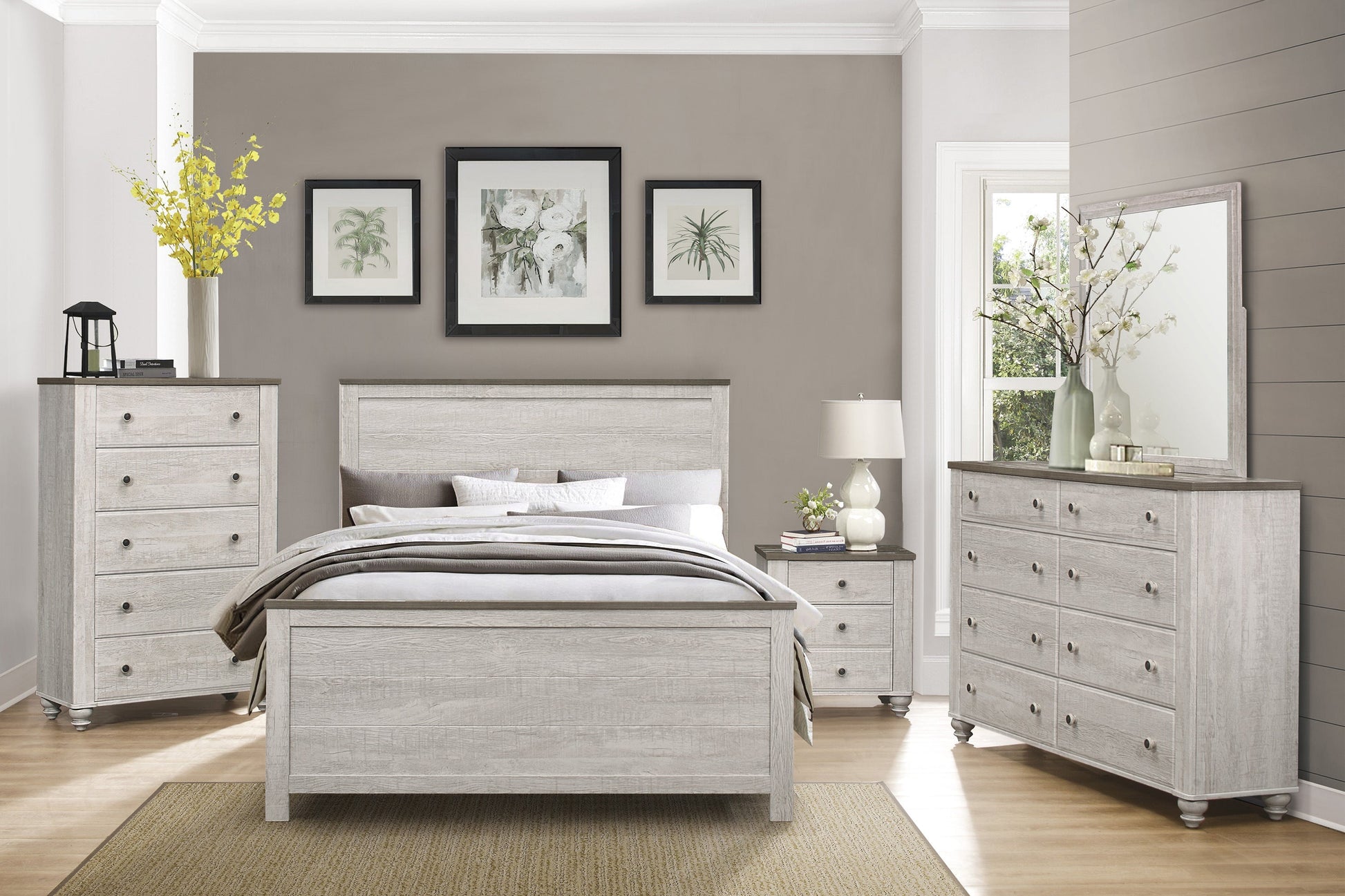 Nashville Antique White/Brown Queen Panel Bed - SET | 1903-1 | 1903-2 | 1903-3 - Luna Furniture - Dallas Store
