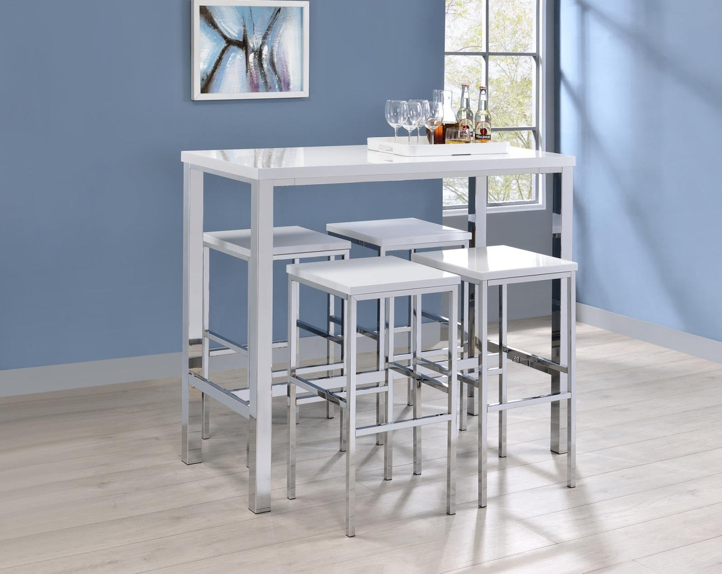 Natividad White High Gloss/Chrome 5-Piece Bar Set - 182525 - Luna Furniture - Dallas Store