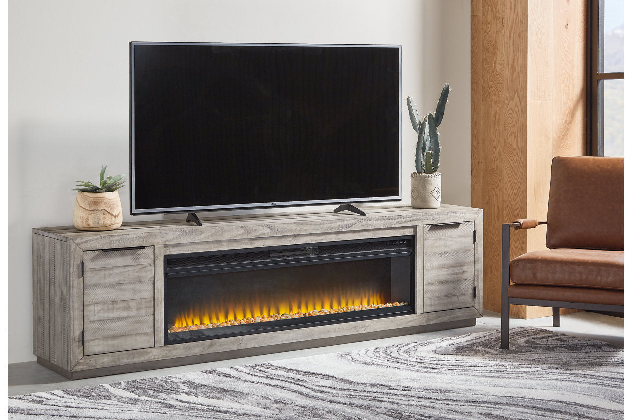 Naydell Gray 92" TV Stand with Electric Fireplace - SET | W100-22 | W996-78 - Luna Furniture - Dallas Store