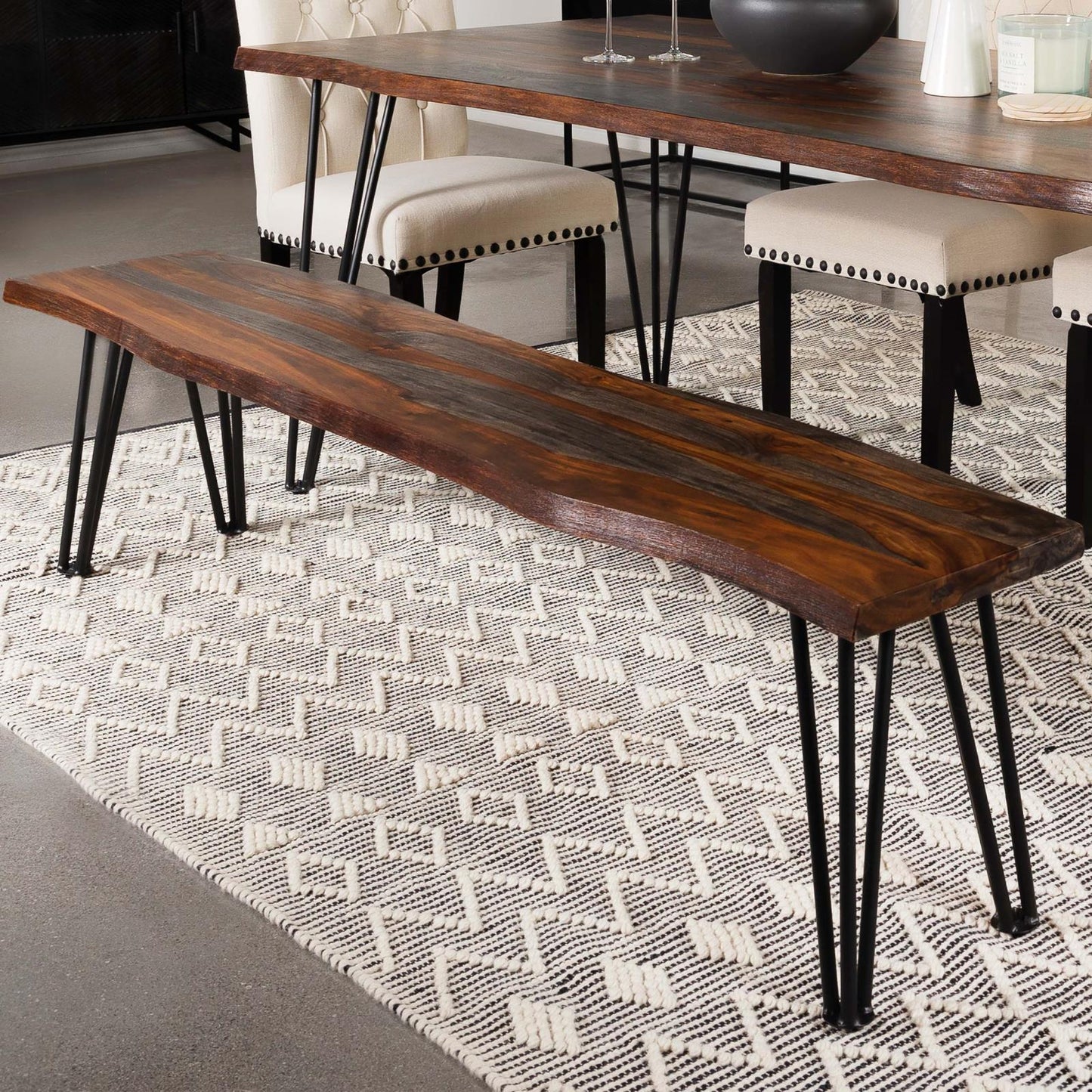 Neve Sheesham Gray/Gunmetal Live-edge Dining Bench with Hairpin Legs - 193863 - Luna Furniture - Dallas Store